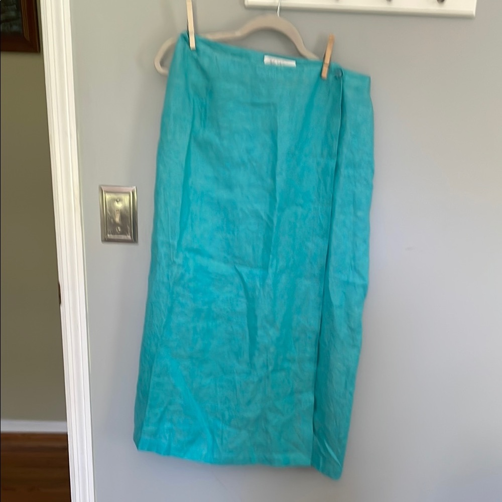 NWOT Beautiful Escada Linen Elegant Turquoise Wrap Skirt EU 42/ US L